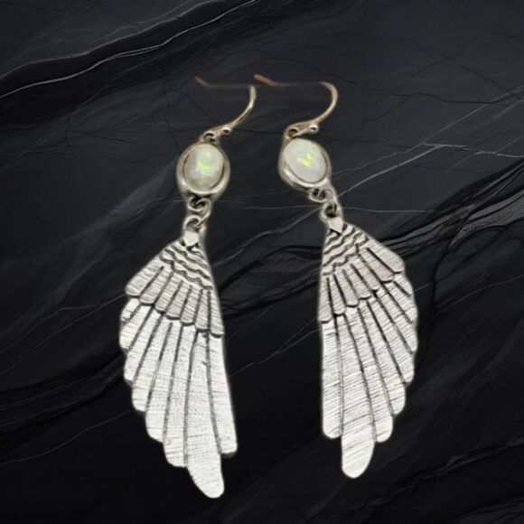Silver Carved Feather Wings Earrings - Picture 3 of 3